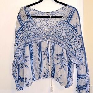 Free People Blue and White Printed Peasant Tunic